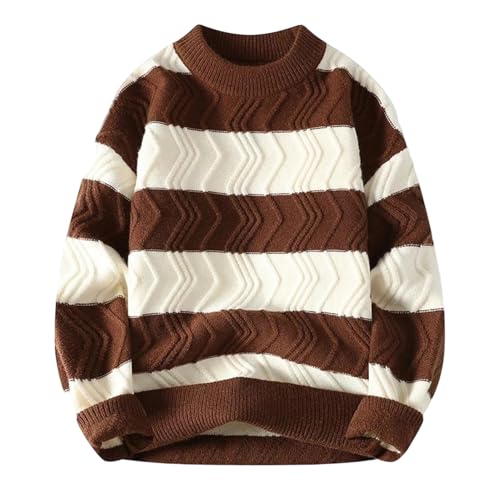 Men's Striped Knit Sweater Casual Crew Neck Thick Pullover Warm Loose Fit Fall Winter Top