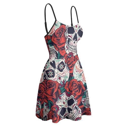 Robe d'été imprimé crâne de rose rouge avec jupe courte fluide