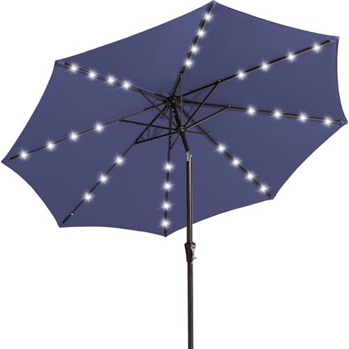 Image of JEAREY 9FT Outdoor Patio Umbrella with Solar Lights, LED Lighted Pool Umbrella with Tilt and Crank, Outdoor Table Umbrellas for Deck, Yard & Market (Dark Blue)