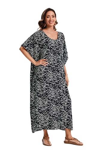 Beautybatik Boho Animal Stripe Print Plus Size Women Kimono Kaftan Maxi Long Sleeve Beach Cover Up Loungewear Dress XL to 4X4