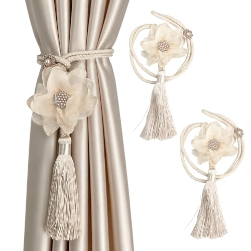 Lotus Flower Curtain Tiebacks with Tassels, Beige Embroidered Curtain Holdbacks for Windows, Decorative Tasseled Drapery Tie Backs for Bedroom & Living Room (Beige)