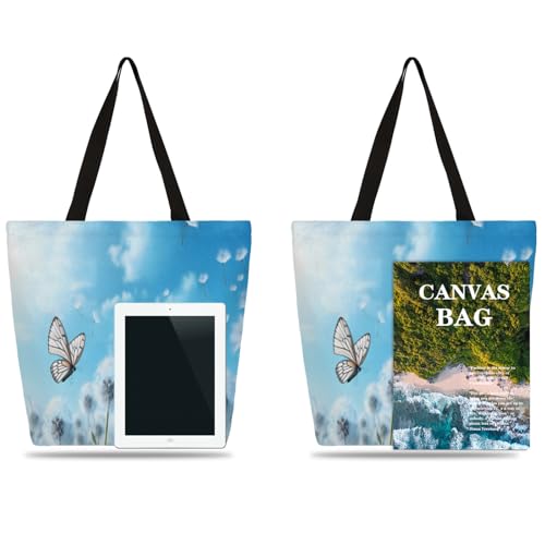Sky Butterfly Dandelion Large Capacity Canvas Tote Bag Stylish Handheld Shoulder Bag Reusable Shopping Bag for Work Travel Beach Trips Shopping4