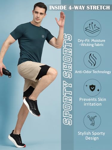 Image of CHKOKKO Double Layered Gym Shorts for Men Workout | Compression Inner Layer with Pockets Across Inner Outer and Back | Dry Fit Sports Athletic wear for Running Jogging or Training