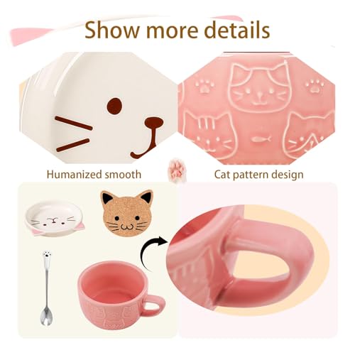 Gifts for Women Her Cute Kawaii Pink Cat Coffee Mugs with Lids,Christmas Birthday Presents for Girls Friend Kids Men Wife Mum Grandma Teacher,Novelty Animal Coffee Ceramic Tea Cup Dessert Saucer Set - Image 2