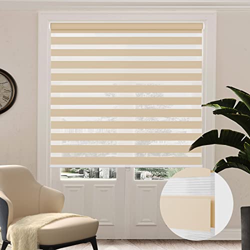 Cordless Zebra Roller Sheer Shades Blinds, Beige Custom Free Stop Dual Layer Window Shades With Valance, Sheer Or Privacy Light Control, Day And Night Blinds For Windows, Doors, French Doors #TOP22