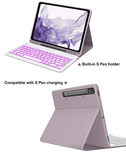 Sengbirch Keyboard Case For Samsung Galaxy Tablet S7 Fe/S8+ Plus/S7+ Plus 5G, 12.4 Inch Case With S Pen Holder, 7 Color Rgb Backlit, Bluetooth Removable, S7 Fe Keyboard, Grey Purple #TOP3