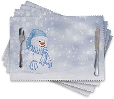 Placemats for Dining Table Set of 4 Heat Resistant Placemats Square Washable Placemats 12x18 in,Design Happy Snowman Cartoon Style Merry Christmas Theme,Blue White