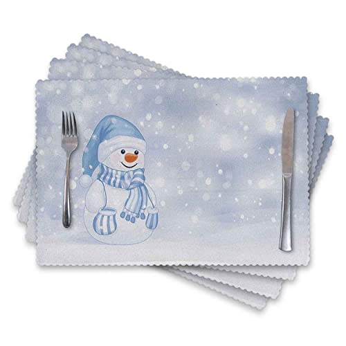 Placemats For Dining Table Set Of 4 Heat Resistant Placemats Square Washable Placemats 12X18 In,Design Happy Snowman Cartoon Style Merry Christmas Theme,Blue White #TOP2