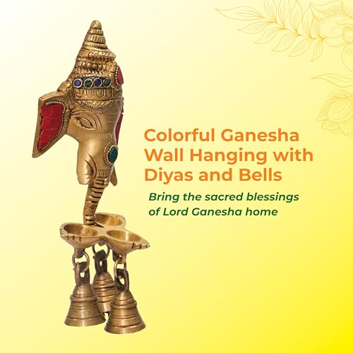 Image of Colorful Ganesha Wall Hanging with Diyas and Bells, Ganesha Wall Hanging, Spiritual Decor, Hindu Puja Items, Ganesha, Home Decor, Temple Decoration, Pooja Room Essential - 791