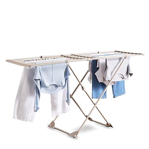 Tower T873022MSH Extending Airer with Telescopic Poles, 16 Hanging Clips, Racks for Shoes, Foldable Design, Integrated Wheels, Weight Capacity 17kg, Latte