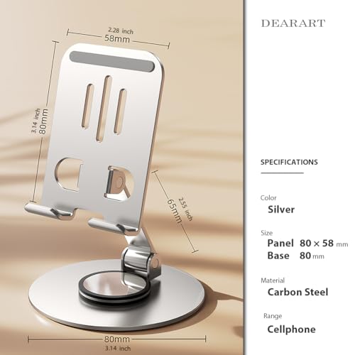 Image of DEARART Silver Cell Phone Stand, 360 Adjustable Phone Stand for Desk, Foldable Phone Holder Fully Carried Easily, Disc Base