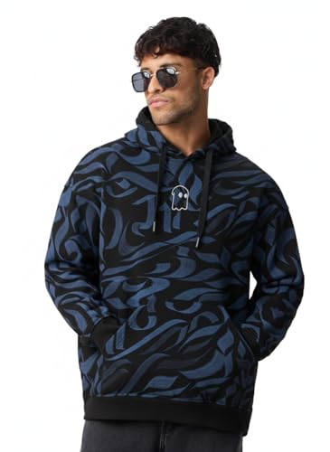 Image of The Souled Store Calligraphy Men and Boys Full Sleeves Hooded Neck Black and Blue All Over Print Cotton Blend Fleece Drop Shoulder Everyday Streetwear Oversized Fit Pullover Hoodie