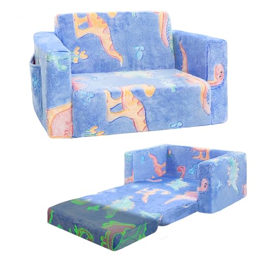 inhand Toddler Chair Comfy,2-in-1 Soft Toddler Couch Fold Out for Kids,Convertible Sofa to Lounger,Gift for Girls and Boys Birthday,Dinosaurs,Medium
