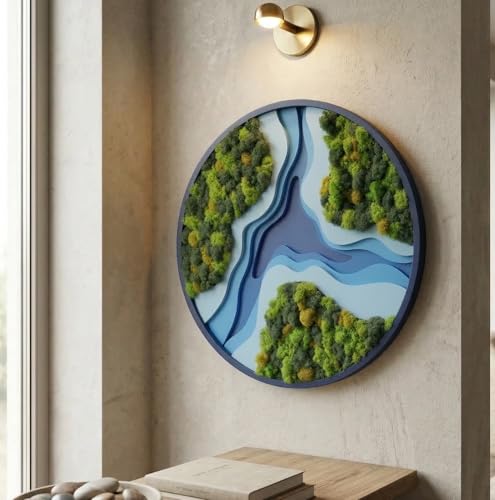NEODECO Amazon Parametric Moss Wall Art 3D Layered Wooden Wall Decor with Preserved Moss Modern Topographic Design Acoustic Nature Inspired Wall Panel for Living Room Office or Bedroom (Round & Square) (Round Small)