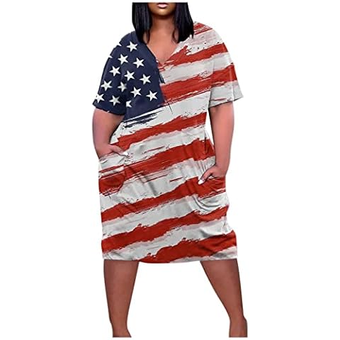 ZXZX 2022 Women's Summer Plus Size V Neck Short Sleeve Knee Pocket Casual Independence Day Dress Cover