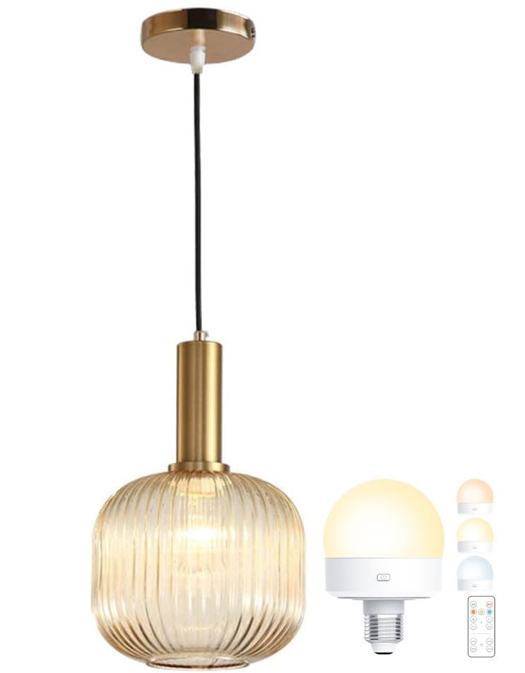 Battery Operated Wireless Pendant Lights USB Rechargeable Hanging Light with Remote Timer Modern Gold Amber Ball Chandelier Ceiling Light Fixtures for Bedroom Living Dining Room Hallway(Set of 1)