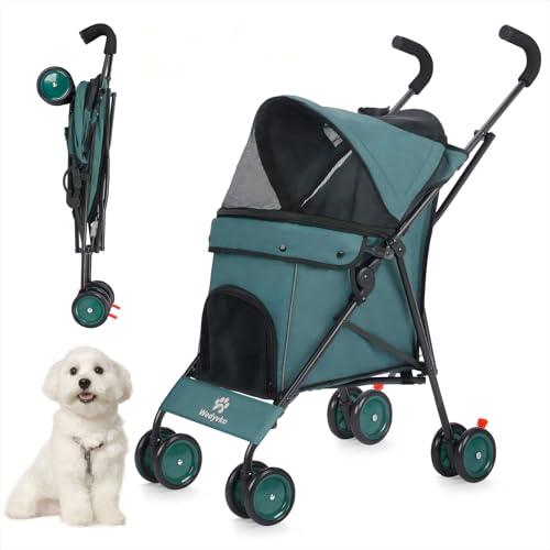 Umbrella Dog Strollers, Pet Pushchairs for Small/Medium Dogs and Cats, Puppy Stroller with Breathable Mesh, 4 Wheels with Universal Front Wheels, Lightweight Carts for Outdoor Travel (Dark Green)