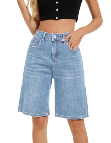 TOSATISFINE Jean Shorts Womens High Waisted Trendy Stretchy Long Denim Bermuda Shorts Baggy Summer Jorts Light Blue L