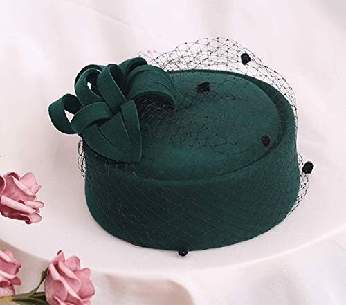 Z&X British Vintage Wool Felt Pillbox Hat Ladies Church Derby Winter Fascinator Hat Veil Flower Fedoras Green #TOP4