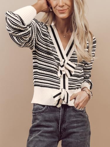 Image of ThCreasa Womens Long Sleeve Striped Cropped Sweater Bow Loose V Neck Knit Trendy Pullover Sweaters