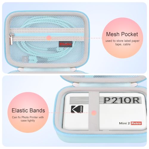 Image of Elonbo Carrying Case for KODAK Mini 2 Retro 2x3 Portable Photo Printer | Bluetooth Smartphone Instant Color Printer Hard Travel Protective Bag, Mesh Pocket fits Cartridge Photo Paper Sheets, Blue