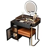 Lartis Makeup Vanity, with LED Makeup Mirror, Three Adjustable Light Levels, Tempered Teal Glass countertop,White Wax Wood Makeup Stool