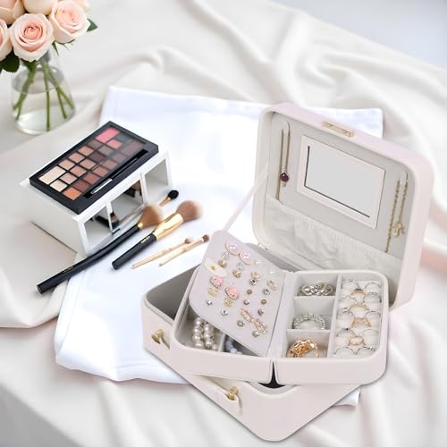 Image of BUCKETLIST PU Leather Jewellery Organizer Box with Mirror & Necklace Hooks | Large Multi-Compartment Jewelry Storage Case with Removable Tray & Mini Travel Box (Luxury Jewelry Box with Mirror (White)