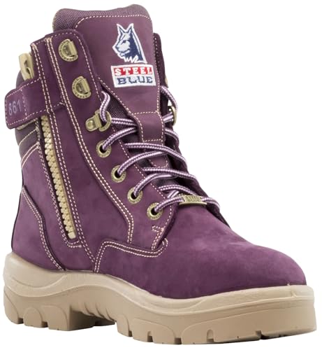 Image of STEEL BLUE 100% COMFORT Women's Southern Cross Zip 6-Inch Steel Toe Work Boot with PR Midsole, Side Zip, TPU Outsole, Trisole Cushioning, ASTM F2413 - Purple, Size 8 W | Industrial side zip lace up boot featuring a PR Midsole for underfoot protection and a TPU outsole