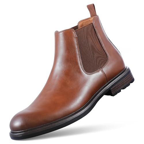 FUNROMAN Men's Chelsea Slip-on Boots Casual Dress Ankle Bootie M02 Brown 10.5