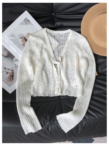 GORGLITTER Women's Tie Front Cropped Cardigan Sweater Eyelet Lightweight Boho Cute Bolero Shrug3