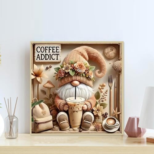 Gnome Diamond Art Painting Kits for Adults, Gnome Drinks Coffee 5D Diamond Painting Dots Art Kits for Adults Beginner, DIY Full Round Drill Gem Crystal Art Paint by Diamond Home Wall Decor 14x 14 Inch