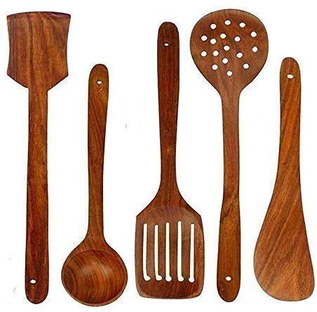 Radhna Juego de 5 cucharas de cocina de madera tradicionales indias hechas a mano