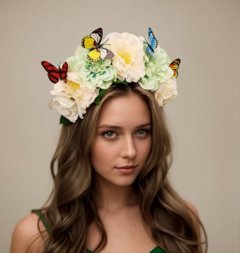 Rannyrena Elegant Butterfly Flower Headband for Women Boho Handmade Rose Floral Crown Wedding Bridal Festivals Cosplay Prom Photo Props Headpiece (B4 green white, Adjustable)