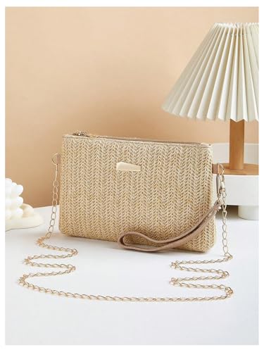 Women's Straw Square Shoulder Handbags Woven Chain Strap Crossbody Bags Zipper Beach Purse3
