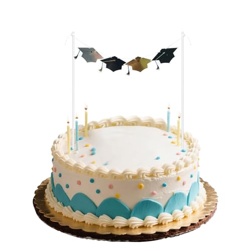 Topper Torta Laurea 2025 – Decorazione “Congrats Grad” con Cappelli Nero Oro Argento, Accessorio Singolo per Festa di Diploma Università e Scuola Superiore