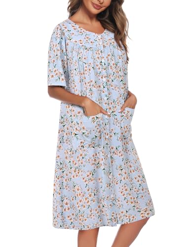 Image of COSUNIONY House Dresses for Women Cotton Short Sleeve House Coat Buttons Down Dusters Robe with Pockets S-XXL