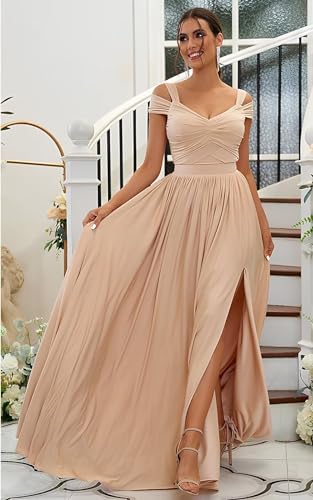 SOLODISH Off The Shoulder Bridesmaid Dresses Long for Women Chiffon Formal Evening Party Gown with Slit4