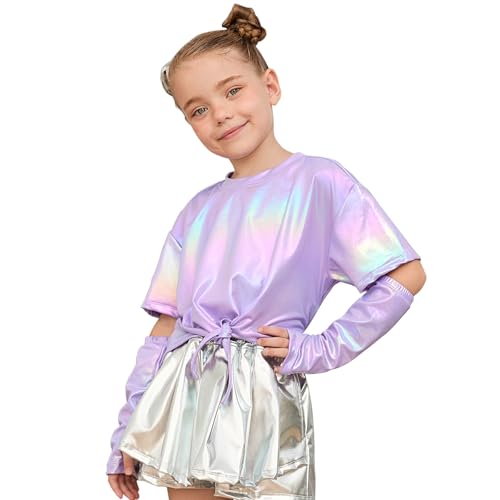 Image of Perfashion Girls Metallic Shirts Shiny Tie Front Knot Crop Top with Arm Sleeves for Dancing Raves Festivals 4-15 Years