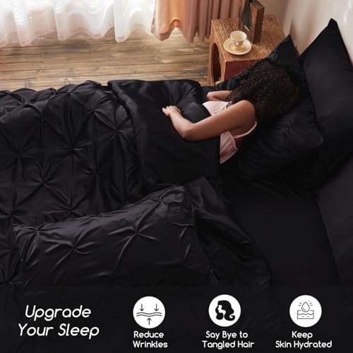 MR&HM Satin Comforter Twin XL 5 Pieces - Luxurious Pinch Pleat Bedding Set with Comforter, Flat Sheet, Fitted Sheet, Pillowcase & Sham, Super Silky Soft Bed Set for All Season (Twin XL, Black)