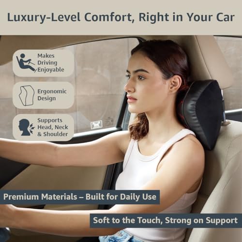 Image of Amazon Basics Car Seat, Office Chair Orthopedic Headrest Pillow,100% Memory Foam-Neck, Cervical Pain Relief, Best for Long & Short Travel | Premium Faux Leather,1 Year Warranty| Black,20 X 24 X 13 Cm