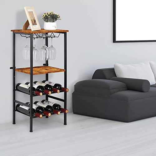 Wine Rack Freestanding Floor Wine Rack Table Wine Bar Cabinet With Glass Holder Wine Rack With Storage Shelves Wine Rack Shelf Stand Wine Display Rack Hold 8 Bottle And 9 Glasses, Industrial Brown #TOP2