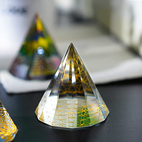 60Mm Clear Faceted Crystal Pyramid Prism Crystal Pyramid Decor For Positive Energy Lucky Decorative Paperweights For Home Office Glass Pyramid With Gold Carved Flower Of Life Charm Gift For Mum Women #TOP6