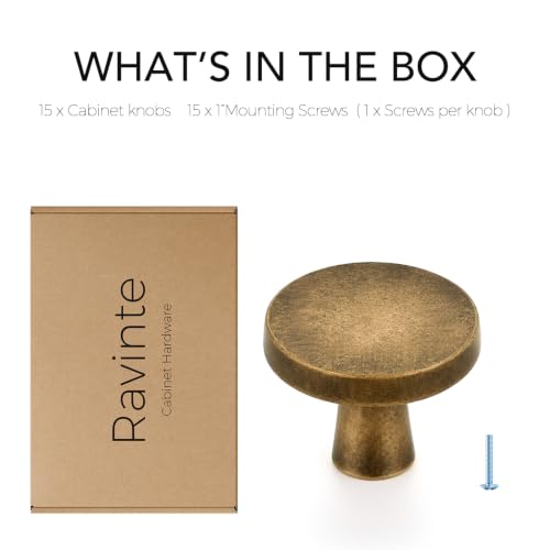 Image of Ravinte 15 Pack Solid Single Hole Kitchen Round Cabinet Knobs Antique Brass Pulls Drawer Knobs Kitchen Cabinet Hardware Handles