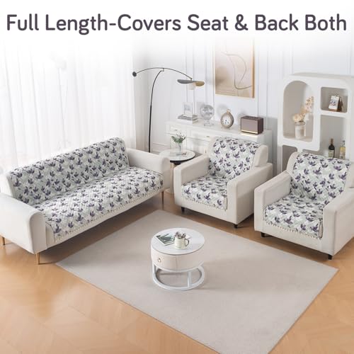 Image of HOKIPO Lavender Vine Quilted Sofa Cover 5 Seater Set - Washable 3+1+1 Sofa Cover for Seat & Back with Tassel Design | 'Tassel Twigs' Series (IN-991-T1 + IN-989-T1)