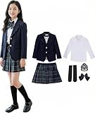[§ｚｚ．ｌｕｘｉ] 女の子スーツセット フォーマル ワンピース 制服 6点セット 七五三 卒園式 結婚式 発表会 卒業式 入学式 面接 ジュニア キッズフォーマル 冠婚葬祭 お受験 法事 アンサンブルスーツ (150cm, Aネイビー-5点セット)