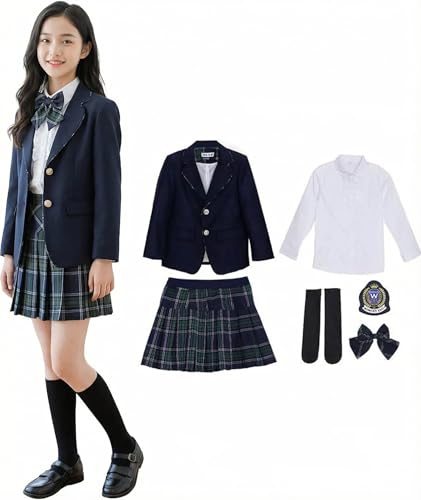 [§ｚｚ．ｌｕｘｉ] 女の子スーツセット フォーマル ワンピース 制服 6点セット 七五三 卒園式 結婚式 発表会 卒業式 入学式 面接 ジュニア キッズフォーマル 冠婚葬祭 お受験 法事 アンサンブルスーツ(140cm, Aネイビー-5点セット)
