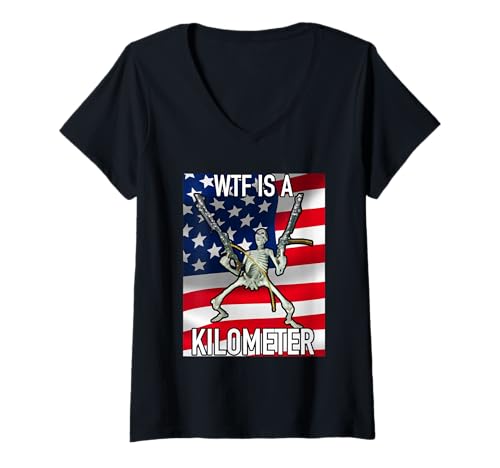 Femme WTF est un kilomètre 4 juillet squelette drôle Cringey USA Meme T-Shirt avec Col en V