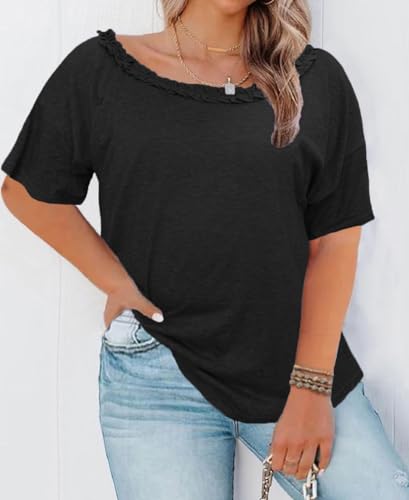 Womens Plus-Size T-Shirt Short Sleeve Summer Tops One-Shoulder Loose Shirts (1X-5X)3
