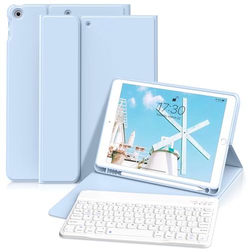 KVTVOU Keyboard Case for iPad 9th/8th/7th Generation 10.2 Inch, Detachable Wireless Keyboard, Folio Stand Cover with Pencil Holder, Auto Sleep/Wake for iPad 10.2 inch (2021/2020/2019), Sky Blue