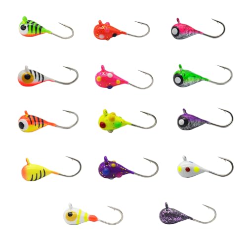 Tungsten Ice Fishing Jig Set Ice Fishing Lures Max Sensitive Tungsten Tear Drop Ice Jig Head Hook for Panfish Crappie Walleye Perch Trout Bluegill (14 Colors Combination 4MM 1/25 OZ)